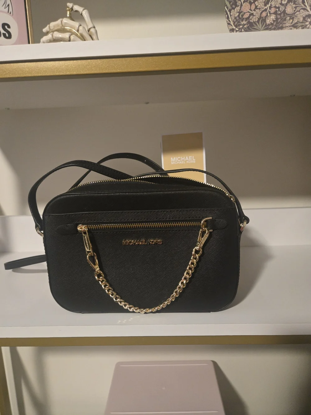 Michael Kors Black Saffiano Leather Crossbody Bag with Gold Chain